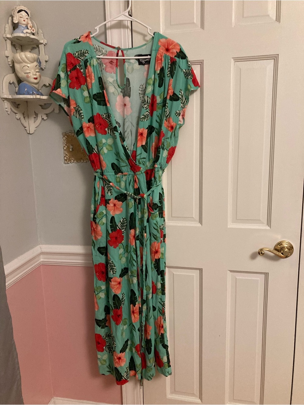 Floral Wrap Maxi Dress - Aqua with Red & Pink Flowers UK 3XL - Picture 2 of 2